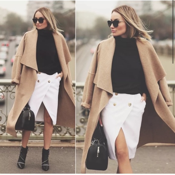 NWT RARE ZARA CAMEL BEIGE WATERFALL WOOL DRAPED COAT JACKET WINTER BLOGGER FAVE - Picture 1 of 15